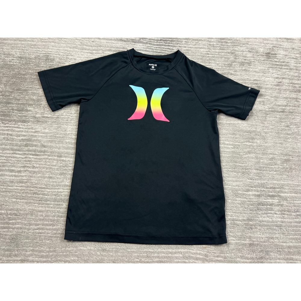Hurley Swim Shirt Boys M Black Rainbow Logo H2O-DRI Short Sleeve Rash Guard UPF